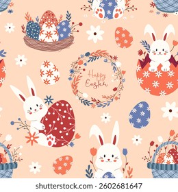 Seamless pattern with Easter elements and a bunny. Vector illustration