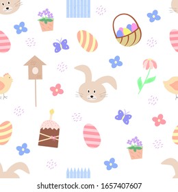 Seamless pattern of Easter elements. Easter cartoon characters and decor elements. Bunny chick Easter eggs flowers.