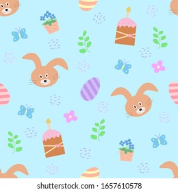 Seamless pattern of Easter elements. Easter cartoon characters and decor elements. Bunny chick Easter eggs flowers.