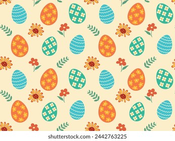 Seamless pattern with Easter elements. Eggs with ornament, colorful vector illustration for textile, print, wallpaper, screensavers, background