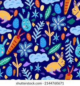 Seamless pattern of easter elements isolated on blue background.