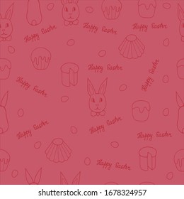 Seamless pattern - easter elements on the pink background. Hand drawn rabbits, easter cakes, eggs. Background for greeting card or manufacture of fabric.