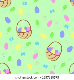 Seamless pattern of Easter elements. Painted decorative eggs and green grass. Spring concept
