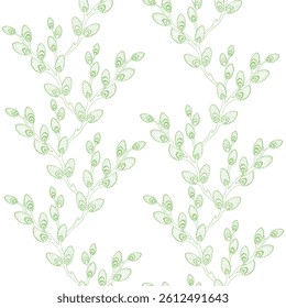 Seamless pattern of easter green willows on a white background. Vector illustration. For fabric, wallpaper, packing paper, greeting cards, design, decoration and illustration.