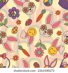 seamless pattern with easter groovy bunny face