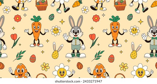 seamless pattern with Easter groovy bunny, egg, carrot