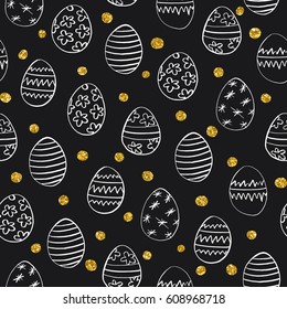 Seamless pattern with Easter hand drawn eggs and golden tinse on black background. Vector illustration