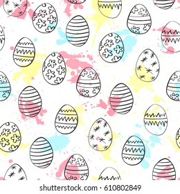 Seamless pattern with Easter hand drawn eggs and watercolor blots on white background. Vector illustration.