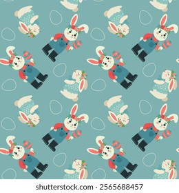  Seamless pattern Easter, Hare, eggs, cute bunny and baby rabbit, for fabric design, packaging, vector.