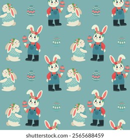  Seamless pattern Easter, Hare, eggs, cute bunny and baby rabbit, for fabric design, packaging, vector.