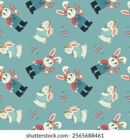  Seamless pattern Easter, Hare, eggs, cute bunny and baby rabbit, for fabric design, packaging, vector.