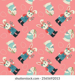 Seamless pattern Easter, Hare, eggs, cute bunny and baby rabbit, for fabric design, packaging, vector.