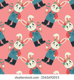 Seamless pattern Easter, Hare, eggs, cute bunny and baby rabbit, for fabric design, packaging, vector.