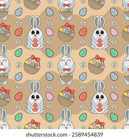 Seamless pattern. Easter seamless pattern. Pattern with hare and eggs. Vector