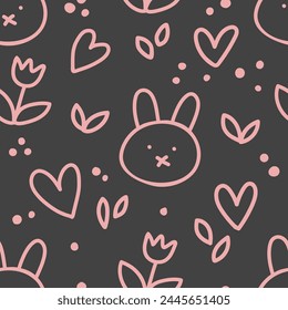 A seamless pattern for the Easter holiday. Easter bunny, carrot, egg. Pattern on a dark background. Vector illustration