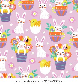 Seamless pattern for Easter holiday with cute bunny. Childish background for fabric, wrapping paper, textile, wallpaper and cards.