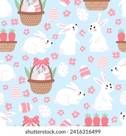 Seamless pattern for Easter holiday.  Cute white rabbits, eggs, baskets and flowers on a blue background. Vector illustration. Perfect for wrapping paper.