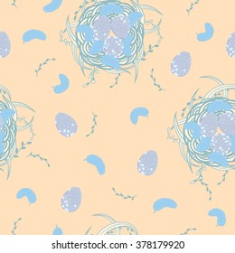 Seamless  pattern with easter illustrations. All elements are not cropped and hidden under mask. Vector background with birds' nests, eggs spotted, blades of grass, willow twigs and feathers.
