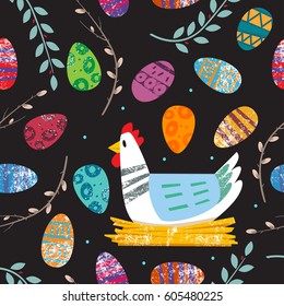 Seamless pattern with Easter motifs. Spring ornament with a chicken in a nest, painted eggs and twigs. All elements are not cropped and hidden under the mask.