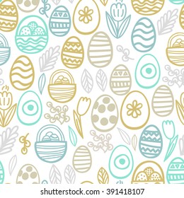 Seamless pattern with Easter motifs. Vector pattern for greeting cards, wrapping paper, design diaries, fabrics and wallpapers. All the elements are not crop and hidden behind a mask.