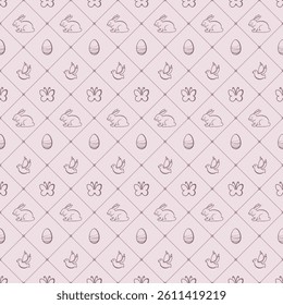 Seamless pattern with Easter objects on a pink background. Happy Easter. Easter background with eggs, birds, rabbits and butterflies. Design elements for Easter greeting card. Vector illustration.