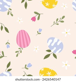 Seamless pattern for easter on beige background. Easter eggs and flowers in pastel gentle colors. Spring easter pattern for wrapping paper, textile, wallpaper.