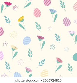 Seamless pattern for Easter on a beige background. Easter eggs, flowers, leaf in pastel colors. Easter pattern for wrapping paper, textile, wallpaper. Vector.