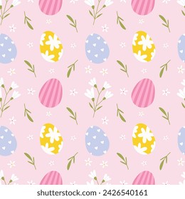 Seamless pattern for easter on pink background. Easter eggs, flowers and branches in pastel tender colors. Spring easter pattern for wrapping paper, textile, wallpaper.