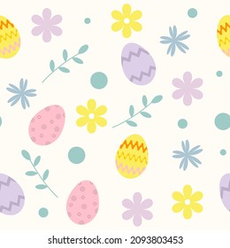 seamless pattern for easter on a white background. Easter eggs, branches, flowers in pastel gentle colors. spring easter pattern for wrapping paper, textile, wallpaper. Happy easter holiday elements