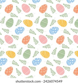 Seamless pattern for Easter on a white background. Easter eggs in pastel colors. Easter pattern for wrapping paper, textile, wallpaper. Vector.