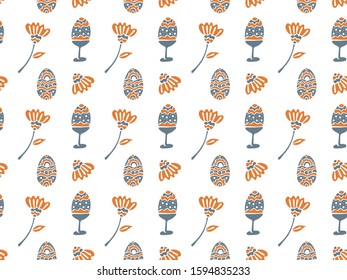 Seamless pattern for Easter from ornamental eggs on supports and without and abstract flowers in orange and gray colors on a white background. Hand drawing. Vector.