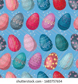 Seamless pattern of easter painted eggs. Vector graphics. Flat, cartoon illustration. Design of elegant, modern, multi-colored packaging for the traditional holiday of the Resurrection of Christ.