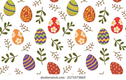 Seamless pattern with Easter painted eggs and spring leaves. Colorful holiday background	