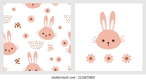 Seamless pattern with Easter rabbit cartoons, daisy flower and leaves on white background. Easter rabbit face and pink flower icons vector.