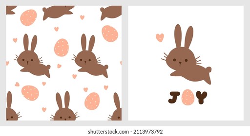 Seamless pattern with Easter rabbit cartoons, eggs and hand drawn hearts on white background. Cute rabbit cartoon vector illustration.