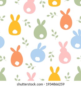 Patrón sin foco con conejo de Pascua y hojas verdes en la ilustración vectorial de fondo blanco. Huella infantil. Día de Pascua.