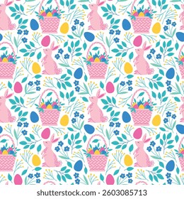 Seamless pattern with Easter rabbits and colored eggs. Easter vector background design for wrapping paper, textile and fabrics