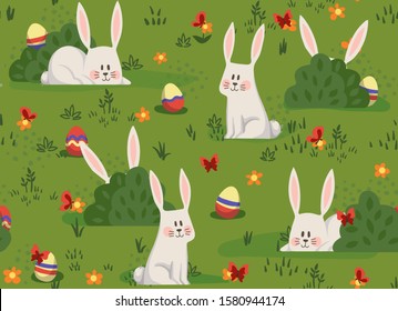 Seamless pattern with easter rabbits and eggs. Great for easter decoration, apparel design, stationery, wrapping paper and background.