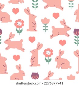 Seamless pattern with Easter rabbits, flowers and hearts. Cutout colorful elements on white background.