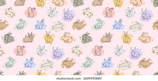 Seamless pattern with Easter rabbits. Hand drawn seamless pattern cute bunny Easter. Template fabric print Wallpaper Printable paper. Vector illustration. Rabbits in one line seamless pattern.
