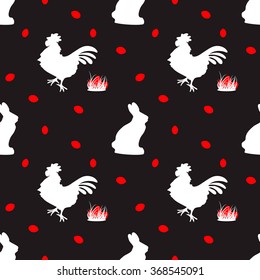 Seamless pattern with Easter rabbits, roosters and eggs on a black background Vector.