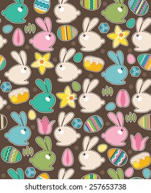 Seamless pattern with easter rabbits,eggs and spring flowers