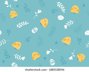 Seamless pattern with Easter and spring elements: flowers, chiks, birds, eggs