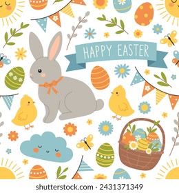 Seamless pattern with easter spring elements. Rabbit, chicken, eggs, basket, flowers, butterflies. Cute holiday background. Vector flat illustration