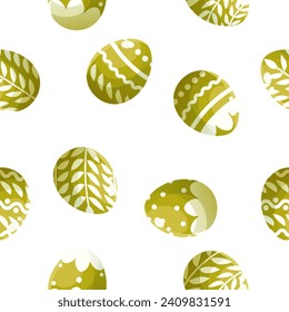 Seamless pattern for Easter and spring from green eggs decorated with ornaments on a white background. Seamless vector pattern. For Easter gift wrapping, paper, textiles. Happy Easter holiday elements