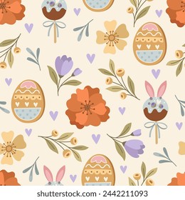 Seamless pattern with Easter sweets and flowers. Vector illustration