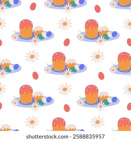 Seamless pattern with Easter symbols, Easter cake, on a platter, chamomile flowers and painted eggs in spring colors. For kitchen textiles, wrappers, and packaging.