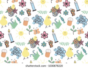 Seamless pattern with Easter symbols - chick, Easter cake, lamb, cake, candle. Vector illustration for design of greeting cards, wrapping paper, fabric etc.