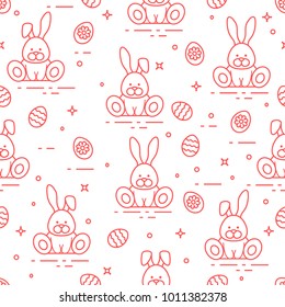 Seamless pattern with Easter symbols. Rabbits, decorated eggs. 