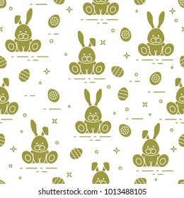 Seamless pattern with Easter symbols. Rabbits, decorated eggs. 